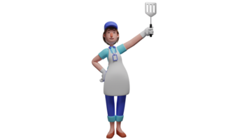 3d illustration. Jeune chef 3d dessin animé personnage. magnifique chef soulève le spatule elle les usages pour cuisson. chef sourit et montré une content expression. 3d dessin animé personnage png