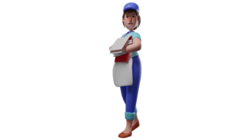 3D illustration. Worker 3D cartoon character. Female worker carrying notebook. Cool worker wear white aprons when going around checking the condition of her workplace. 3D cartoon character png