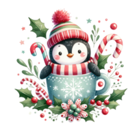 AI generated Cute Penguin in Festive Christmas Mug with Candy and Holly png