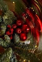 Abstract Christmas background with Christmas tree and toys. photo