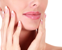 Closeup shot of woman's face and long fingers with french manicured nails, isolated png