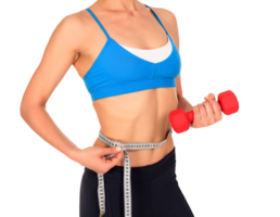 Closeup shot of slim young woman holding red dumbbell and measuring her thin waist with a tape measure, isolated png