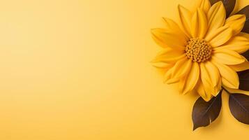 AI generated yellow sunflower on yellow background flat lay, top view photo