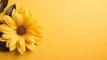 AI generated yellow sunflower on yellow background flat lay, top view photo