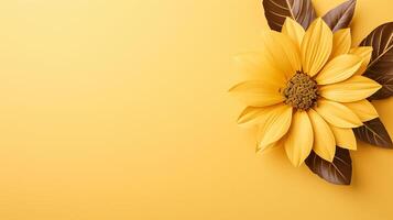 AI generated yellow sunflower on yellow background flat lay, top view photo