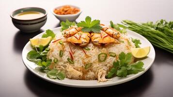 ai generado un plato de arroz con vegetales y un limón cuña foto