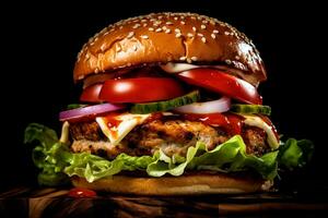 AI generated a chicken hot burger with lettuce, tomato, onion and tomato slices, a stock photo, featured on pexels, photorealism, stockphoto, stock photo, uhd image photo