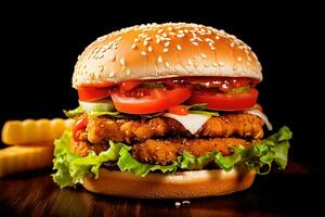 AI generated a chicken hot burger with lettuce, tomato, onion and tomato slices, a stock photo, featured on pexels, photorealism, stockphoto, stock photo, uhd image photo