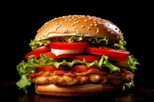 ai generado un pollo caliente hamburguesa con lechuga, tomate, cebolla y tomate rebanadas, un valores foto, Destacados en píxeles, fotorrealismo, foto de stock, valores foto, uhd imagen