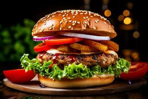 ai generado un pollo caliente hamburguesa con lechuga, tomate, cebolla y tomate rebanadas, un valores foto, Destacados en píxeles, fotorrealismo, foto de stock, valores foto, uhd imagen