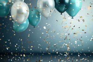 AI generated Blue balloons with confetti and ribbons flying in the air. 3D Rendering, 3D realistic air balloons alongside sparkling glitter confetti elements, AI Generated photo