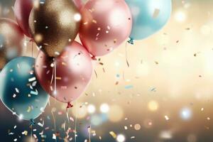 AI generated Colorful balloons and confetti on bokeh background with copyspace, 3D realistic air balloons alongside sparkling glitter confetti elements, AI Generated photo
