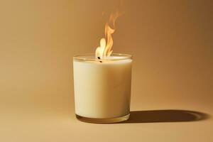 AI generated Candle with flower on color background, closeup. Space for text, A vanilla scented candle is being burned on a beige background, AI Generated photo