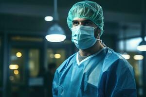 AI generated Surgeon looking at camera while standing in operating room at hospital, A focused doctor in scrubs and mask stands in an operating room, AI Generated photo