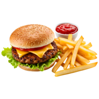 AI generated Tasty Hamburger with Fries Isolated on Transparent Background png