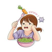 sano alimento. linda pequeño niña se niega a comer vegetales. vector ilustración