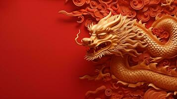 AI generated Golden Chinese Dragon on Red Background ,Traditional New Year Symbol photo