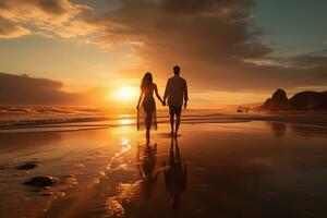 AI generated An image of a romantic couple walking on the beach during sunset, portraying love and connection photo