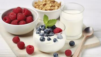 ai generado el nutricional y probiótico riqueza de Fresco yogur presentado en un blanco mesa foto