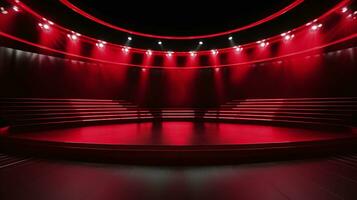 AI generated Elegant red stage with glowing neon lights and curtains, ideal for performances and presentations photo