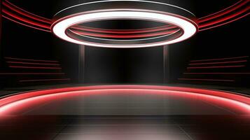 AI generated Modern circular red neon light stage with halo illumination, perfect for high-tech presentations and events photo