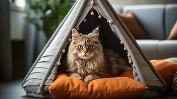 AI generated Majestic Siberian cat in cozy tipi tent, indoor luxury pet house, elegant feline portrait photo