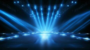 AI generated Dynamic blue spotlights on a modern stage, ideal for live performances and high-energy shows photo