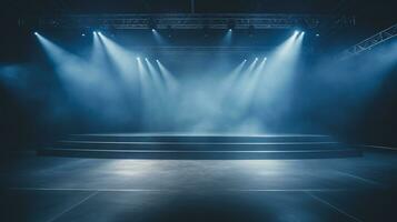 AI generated Blue lit stage with smoke and spotlights, perfect for theatre, performance, and event backdrops photo