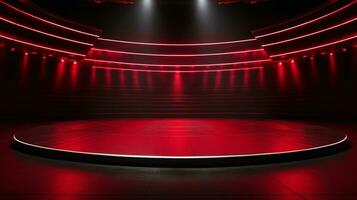 AI generated Red neon-lit circular stage with dynamic backlighting and modern design photo