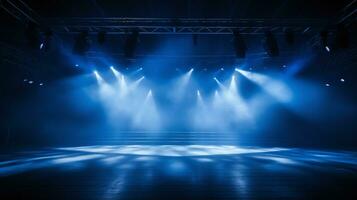 AI generated Empty stage with blue lighting, spotlight effects, and dark atmosphere, ideal for concert and event backgrounds photo