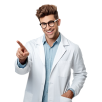 ai généré excité élégant adulte Jeune médecin Masculin dans des lunettes de soleil montrer du doigt droite png