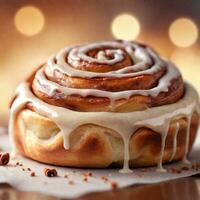 AI generated Close up of a Cinnamon roll, foreground sharp with bokeh background. ai generative photo