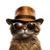 AI generated Funny cat wearing a hat and sunglasses. Isolated on white background. photo