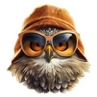 AI generated Owl in a hat and sunglasses isolated on a white background. photo