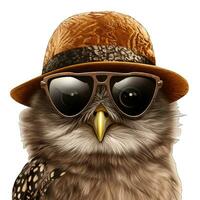 AI generated Owl in a hat and sunglasses isolated on a white background. photo