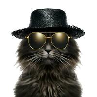 AI generated Funny black cat with sunglasses and cap isolated on white background. photo