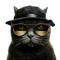 AI generated Funny black cat with sunglasses and cap isolated on white background. photo