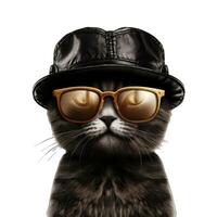 AI generated Funny black cat with sunglasses and cap isolated on white background photo