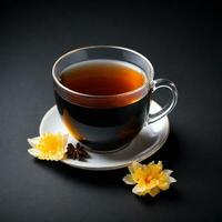 AI generated photo a cup of hot tea isolated on dark background. ai generative