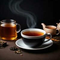 AI generated photo a cup of hot tea isolated on dark background. ai generative