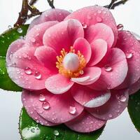 AI generated Camellia and dew drops isolated on white background. ai generative photo