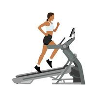 Woman running on incline treadmill. Cardio on gym exercise. vector