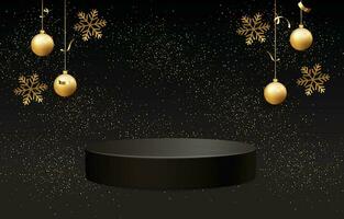 Black podium for Christmas display on black background. Realistic black pedestal on Christmas background. vector