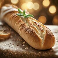 AI generated Close up of a baguette, foreground sharp with bokeh backgroud. ai generative photo