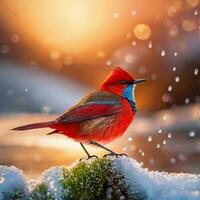 AI generated red riverbird. in a happy face On the top of a cold mountain. ai generative photo