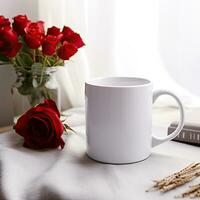 AI generated White mug mockup on a wooden table with flowers in a cozy room photo