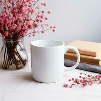 AI generated White mug mockup on a wooden table with flowers in a cozy room photo