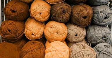 Colorful of Yarn Balls Wool in a Fabric Shop. Background from colored acrylic yarn. Skeins of thread close-up. Materials for needlework, for knitting and crocheting. Peach Fuzz colour of 2024 year photo