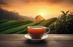 ai generado té taza en de madera mesa con plantación vista. generar ai foto