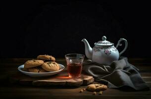 AI generated Teapot with cookies still life. Generate ai photo